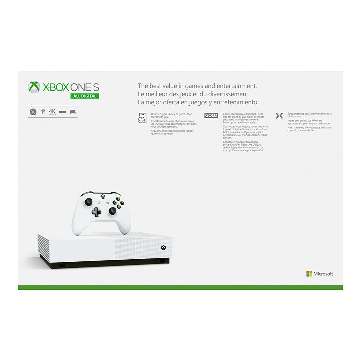 Consola Xbox One S 1TB Edición All-Digital + Juegos Minecraft, Sea Of Thieves y Fortnite
