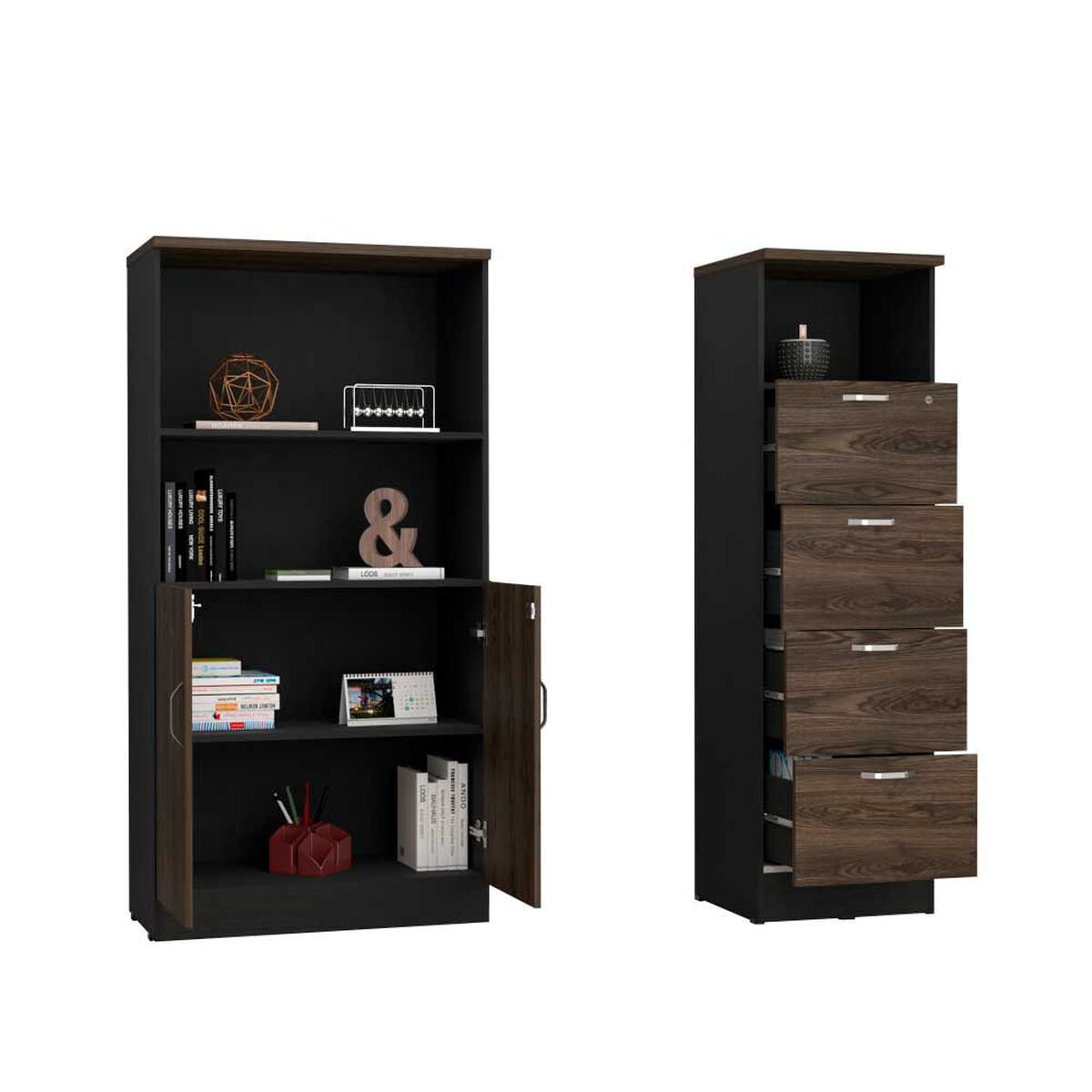 Combo Archivador 4 Cajones + Gabinete 2 Puertas TuHome Home Office Negro Soft-Coñac