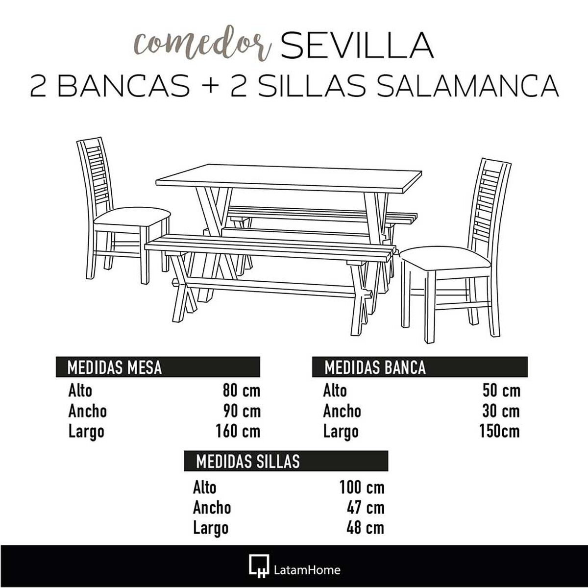 Juego de Comedor Latam Home Sevilla Salamanca 2 Sillas + 2 Bancas Lino Natural
