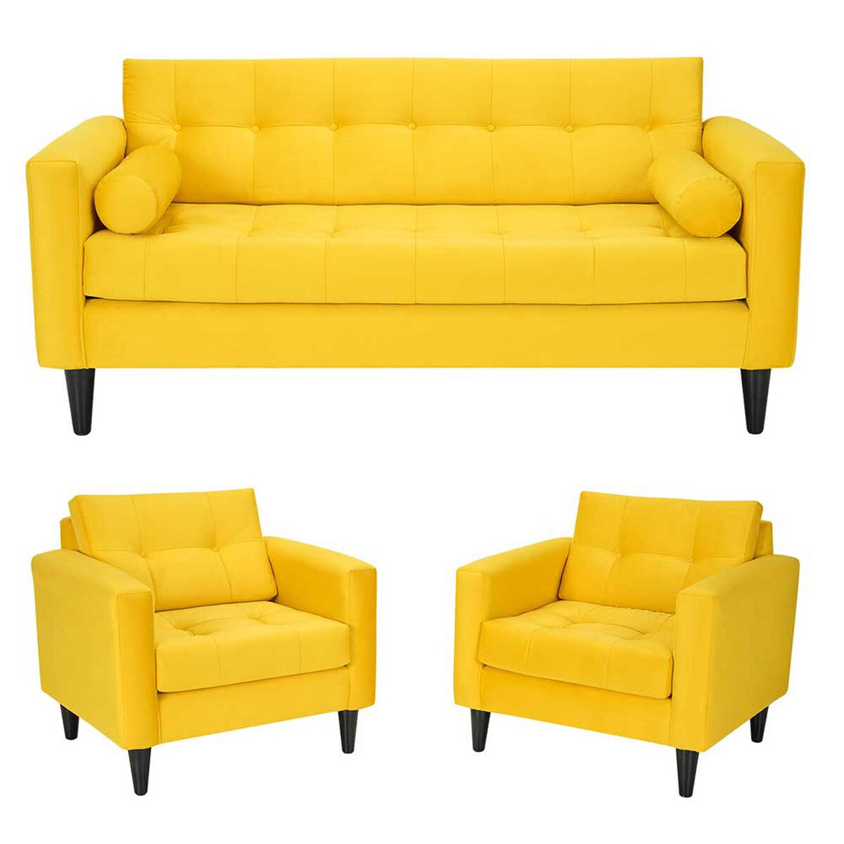 Juego de Living Bodevir Retro Felpa 3 Cuerpos + Dos Sillones 1 Cuerpo Amarillo