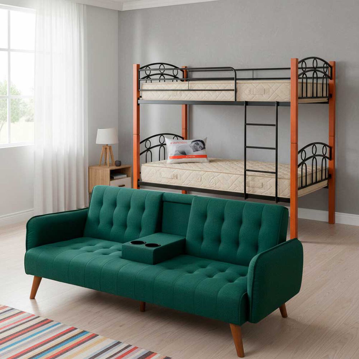 Combo Camarote Casanova 216 Dd 1 Plaza Capuccino + Celta Pack 2 Colchones 1 Plaza Evolution 190x90CM + Pack Almohadas Celta Imperial Soft Blanco 65 x 45 cm + Sof&aacute; Cama Casanova Renata 3 cuerpos Verde Piedra