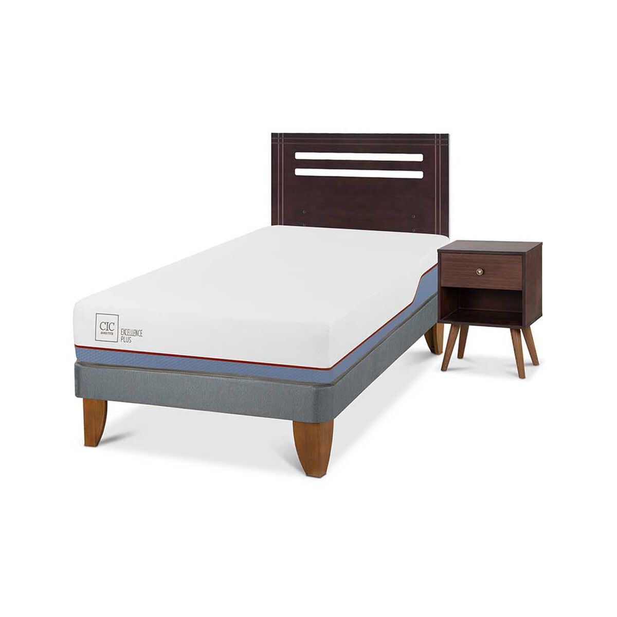 Cama Europea CIC 1,5 Plazas Excellence Plus + Respaldo + Velador New Munich