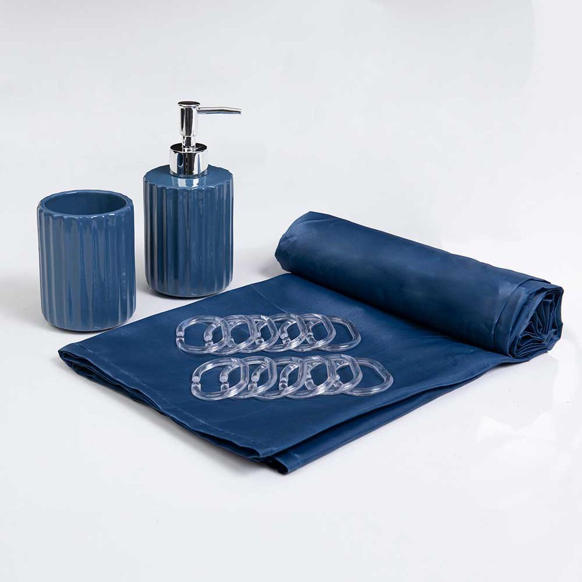 Set Cortina de Baño 4 Piezas Mashini Liso Azul