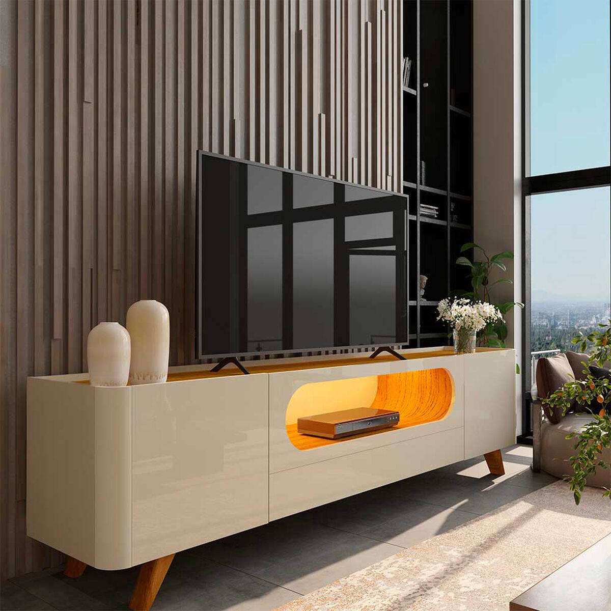 Rack TV 80" Decocasa Mondrian Patas Madera Off White