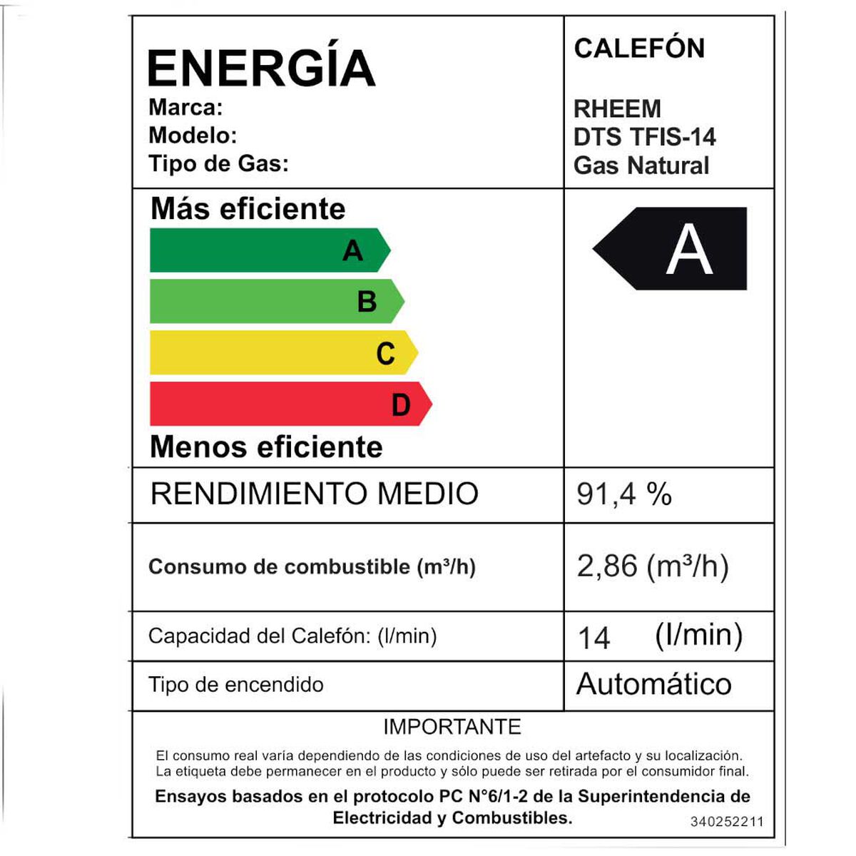 Calefont 14 litros Gas natural Tiro forzado Rheem