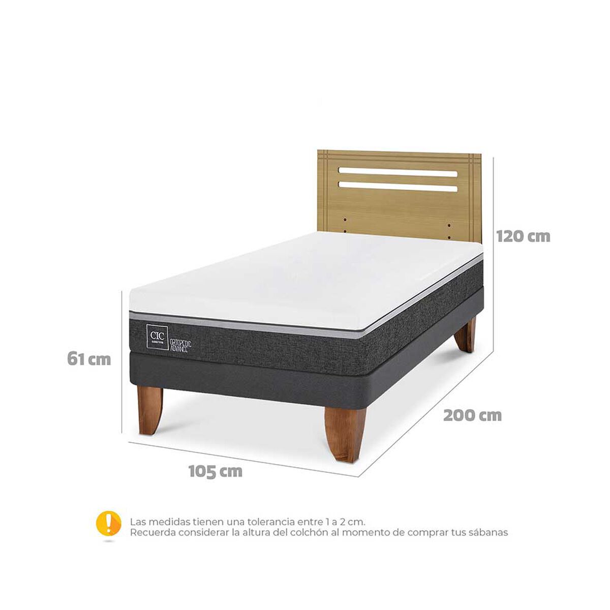 Cama Europea CIC 1,5 Plazas Ortopedic Advance + Respaldo Munich Mostaza