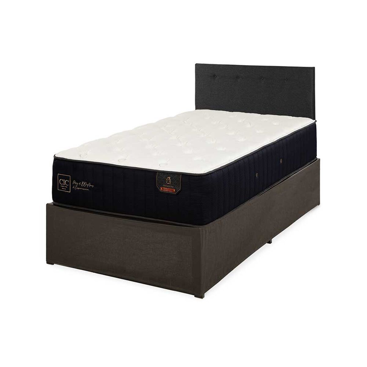 Cama Europea CIC Iron Smart 1,5 Plazas Premium + Respaldo Black Tapizado + Faldón