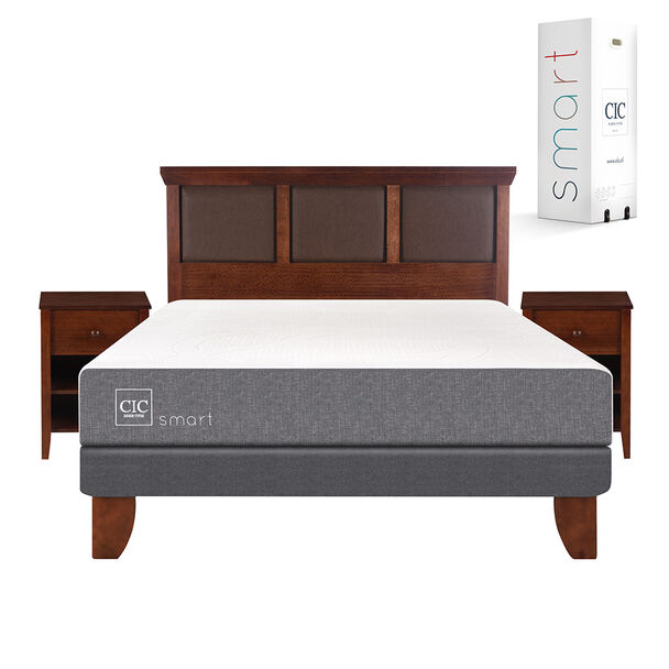 Cama Europea CIC Base Dividida 2 Plazas Smart + Respaldo + 2 Veladores New Torino Caramelo