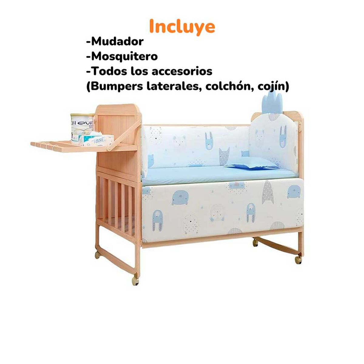 Cuna Colecho Madera Pack&Play con Mudador Azul LuBabycas