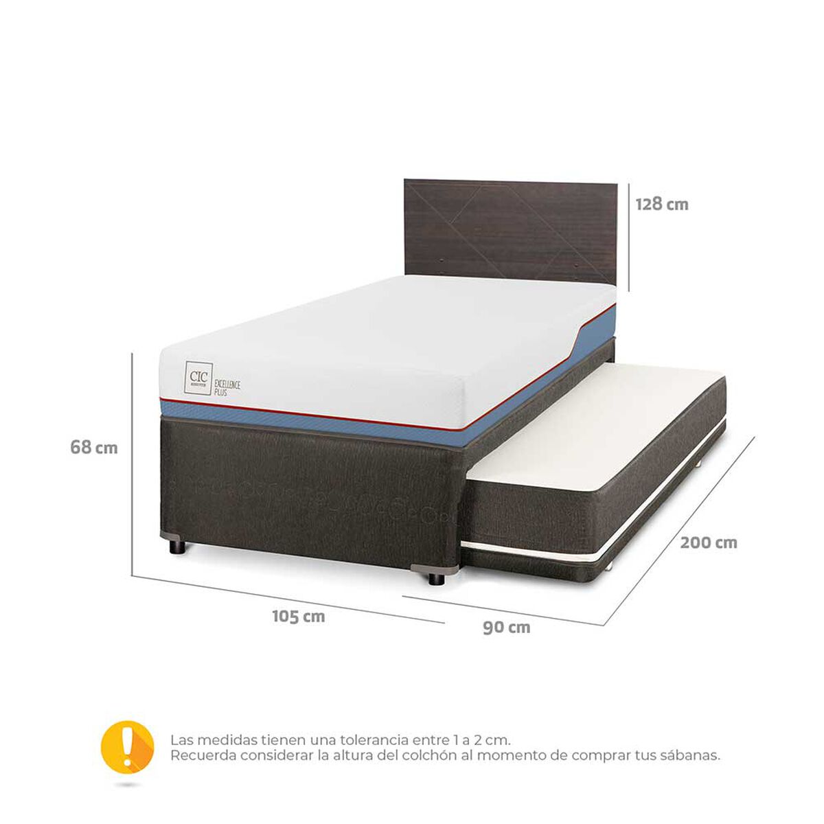 Cama Nido CIC Base Normal 1,5 Plazas Excellence Plus + Respaldo Villarrica