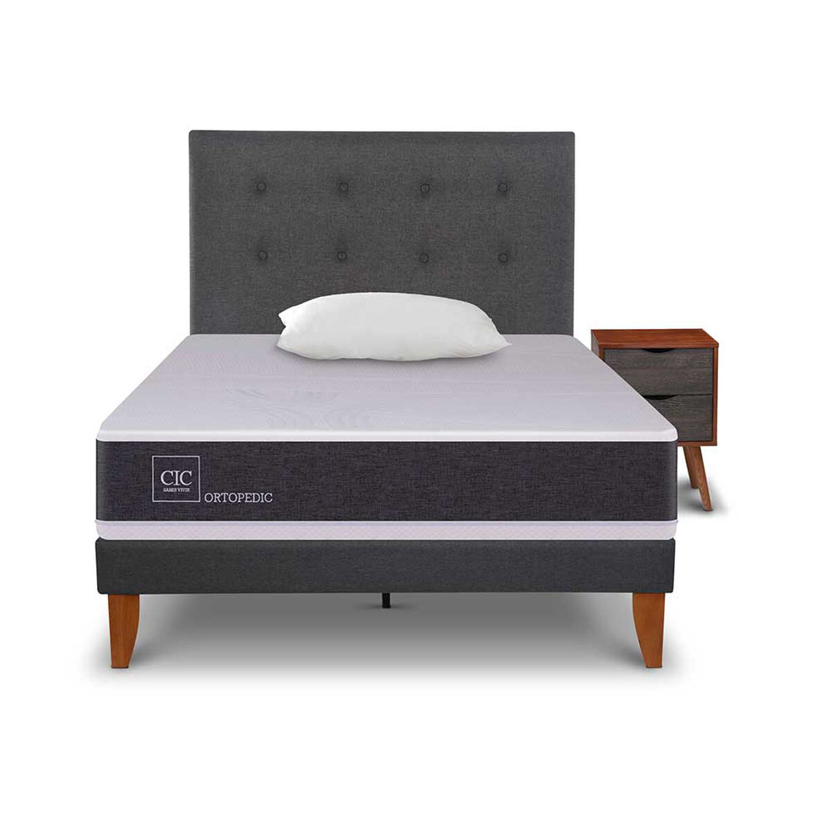 Cama Europea CIC 1,5 Plazas New Ortopedic + Respaldo Eufrates + Velador + Almohada Viscoel&aacute;stica