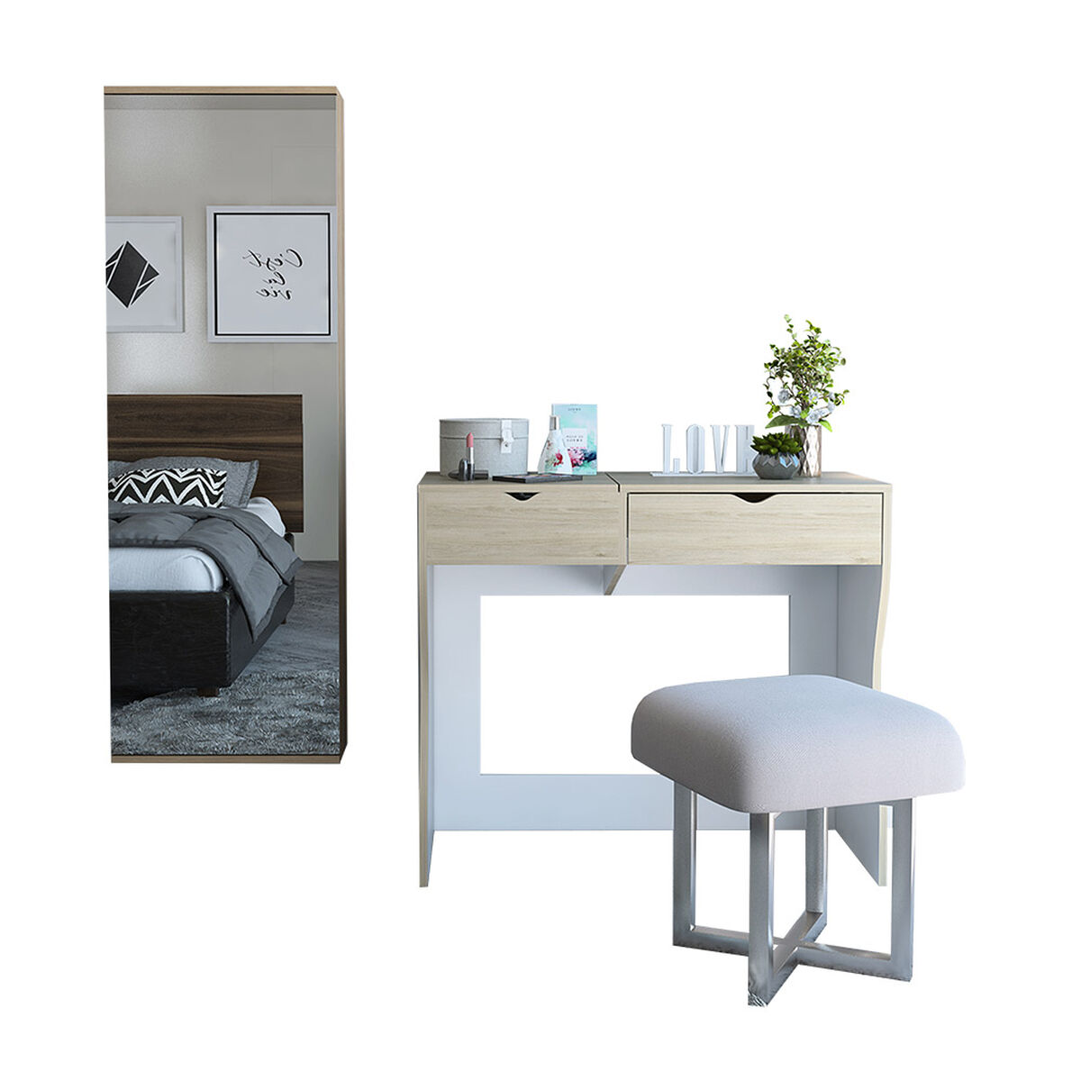 Mueble De Tocador + Zapatero Con Espejo Perla