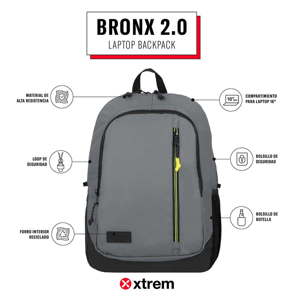 Mochila Notebook Xtrem Bronx 2.0 5XT Gris Oscuro 16"