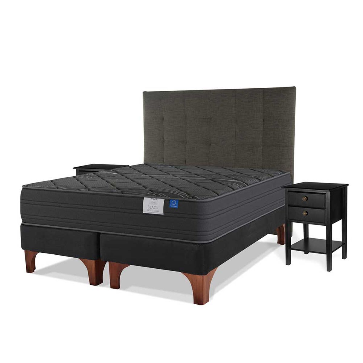 Cama Europea Flex Base Dividida King Black + Respaldo Design Grafito + 2 Veladores Rover