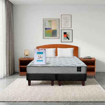 Combo Cama Europea Latam Home 2 Plazas Cannon BD Tela Negro + Textil + Respaldo + 2 Veladores Atlas