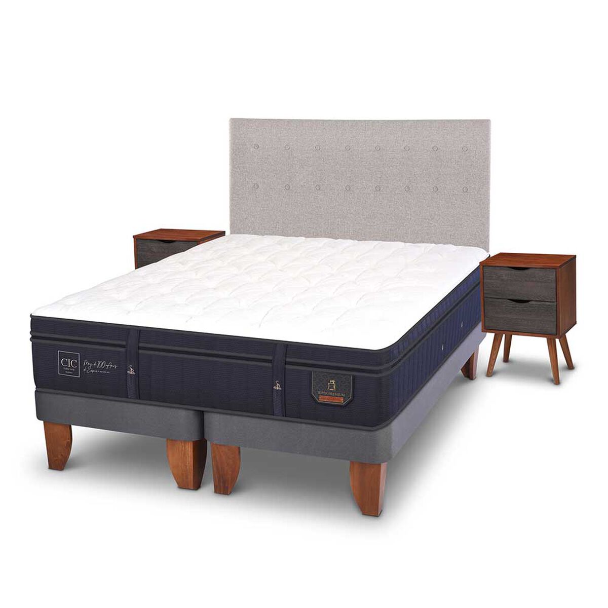 Cama Europea CIC Base Dividida King Súper Premium + Respaldo + Veladores