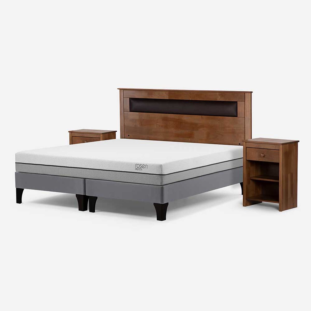 Cama Europea Rosen Base Dividida 2 Plazas Pratta + Respaldo + 2 Veladores Ferrera