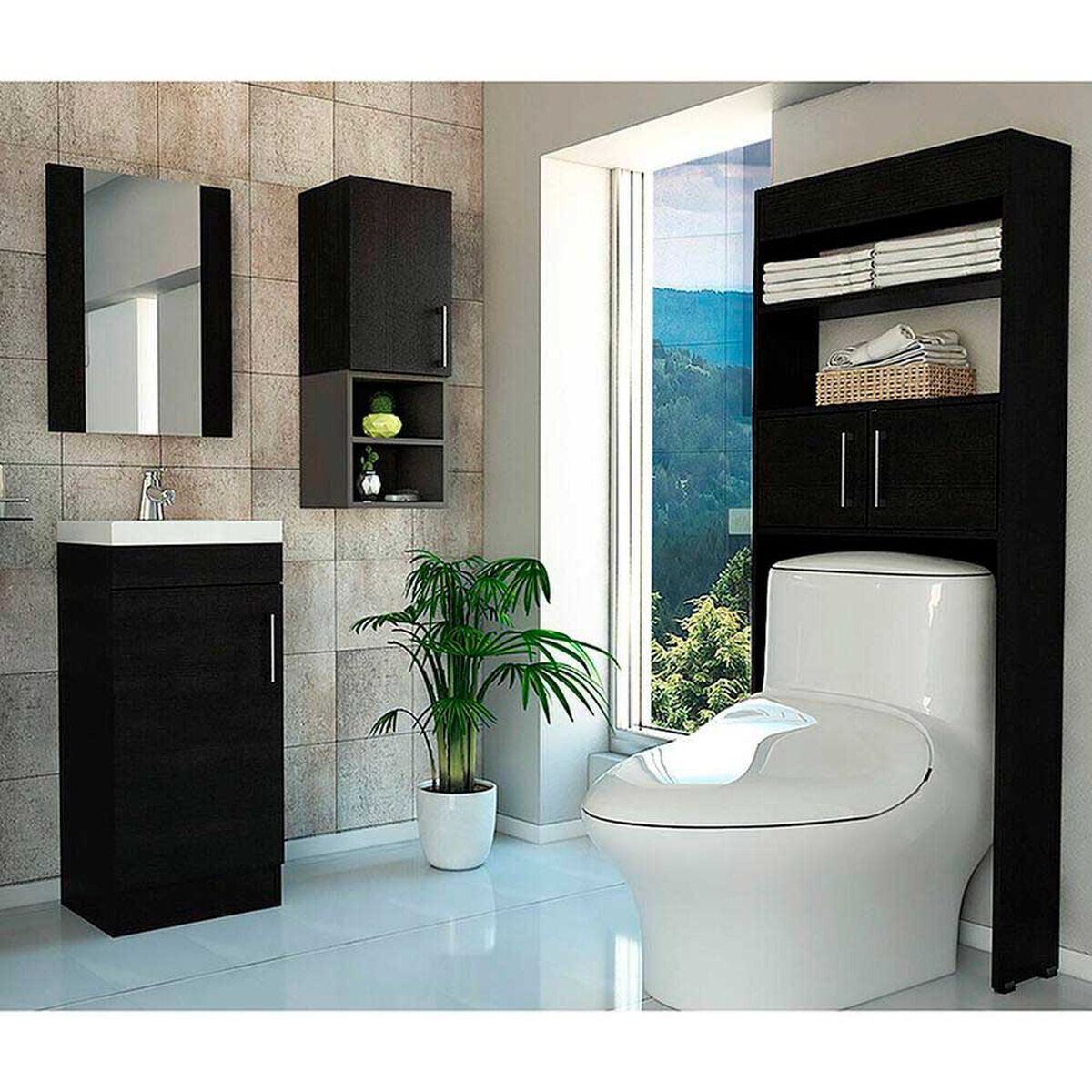 Set Muebles Ahorrador + Auxiliar + Lavamanos + Espejo Flotante