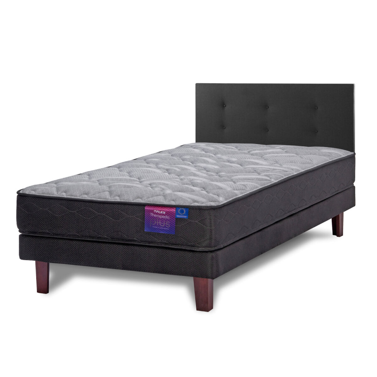 Cama Europea Flex 1,5 Plazas Therapedic Plus  + Respaldo Royal Negro