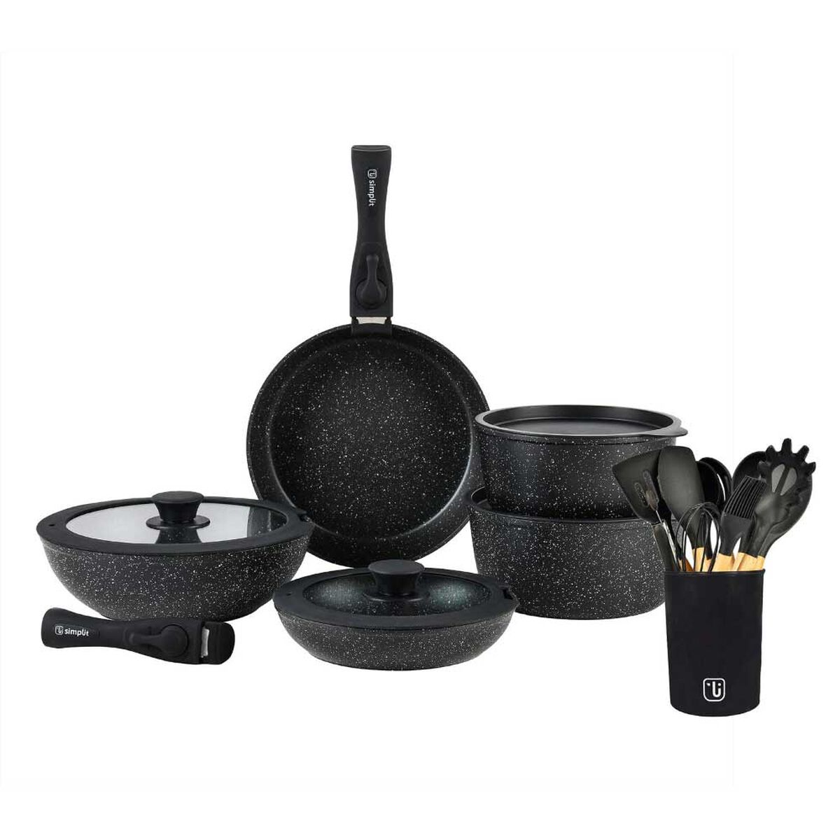 Bater&iacute;a de Cocina Granito Simplit Oxford 15 Piezas + 12 Utensilios Negro