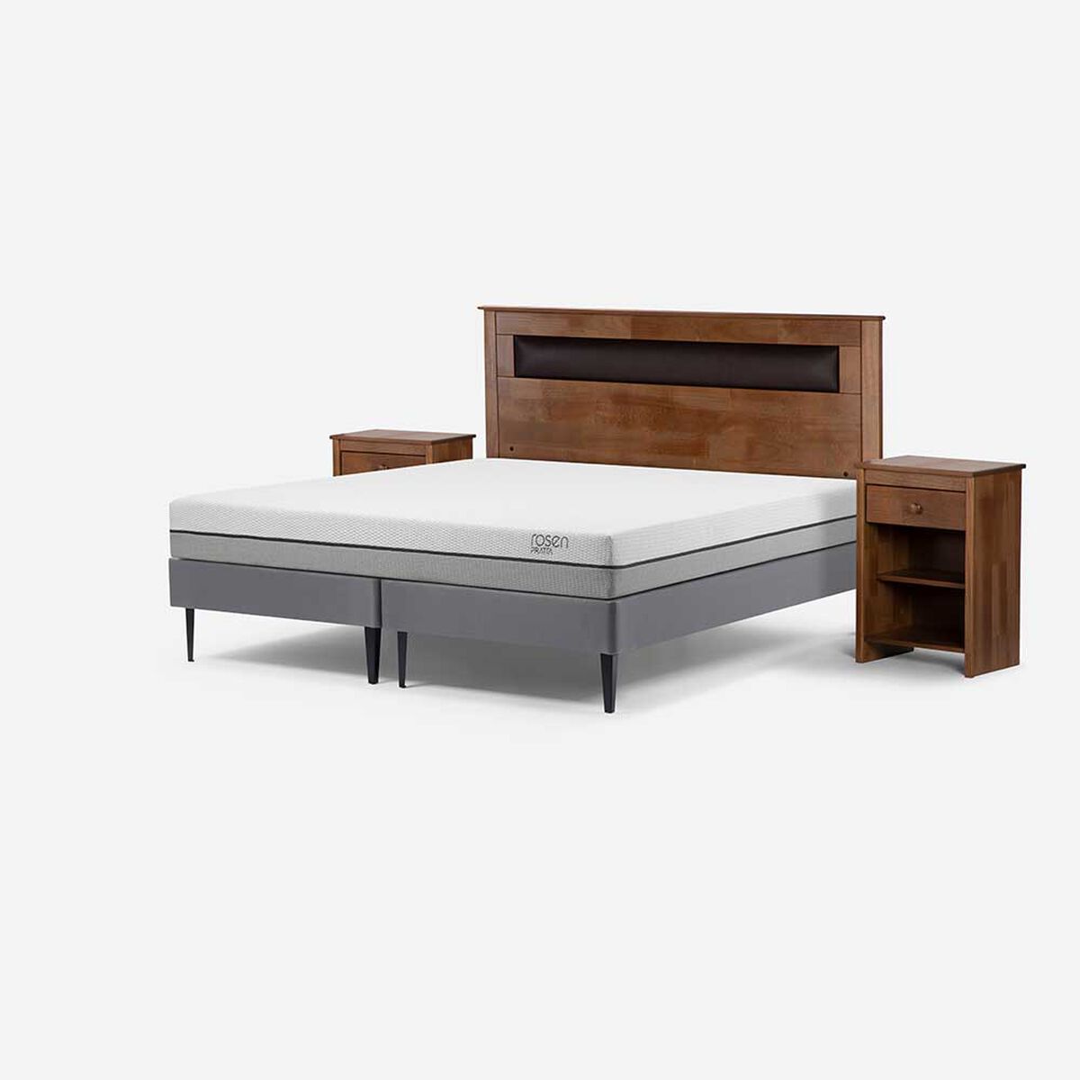 Cama Europea Rosen Base Dividida 2 Plazas Pratta + Respaldo + 2 Veladores Ferrera