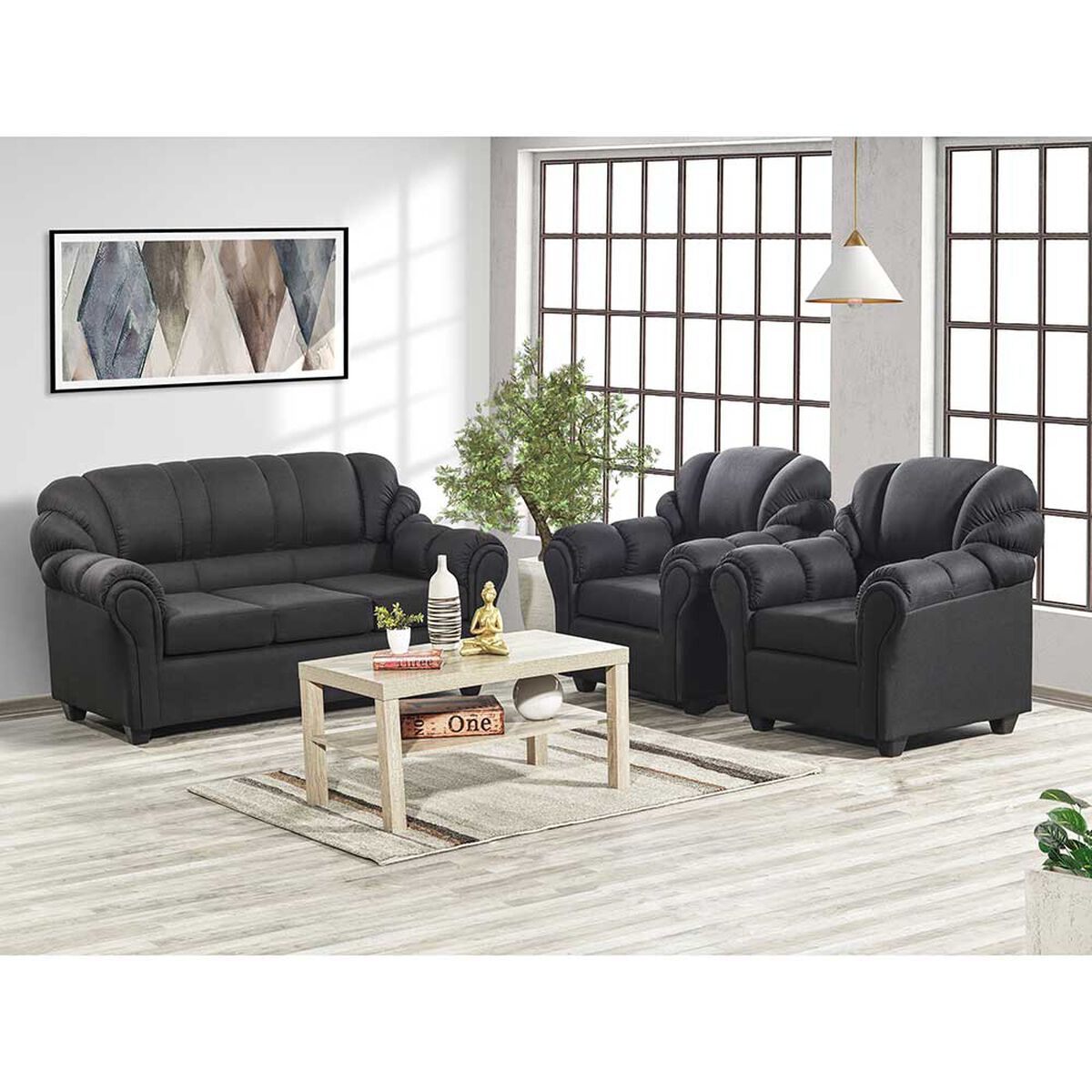 Juego de Living Muebles M&E Natoga Sofá 3 Cuerpos + Dos Sillones 1 Cuerpo Negro