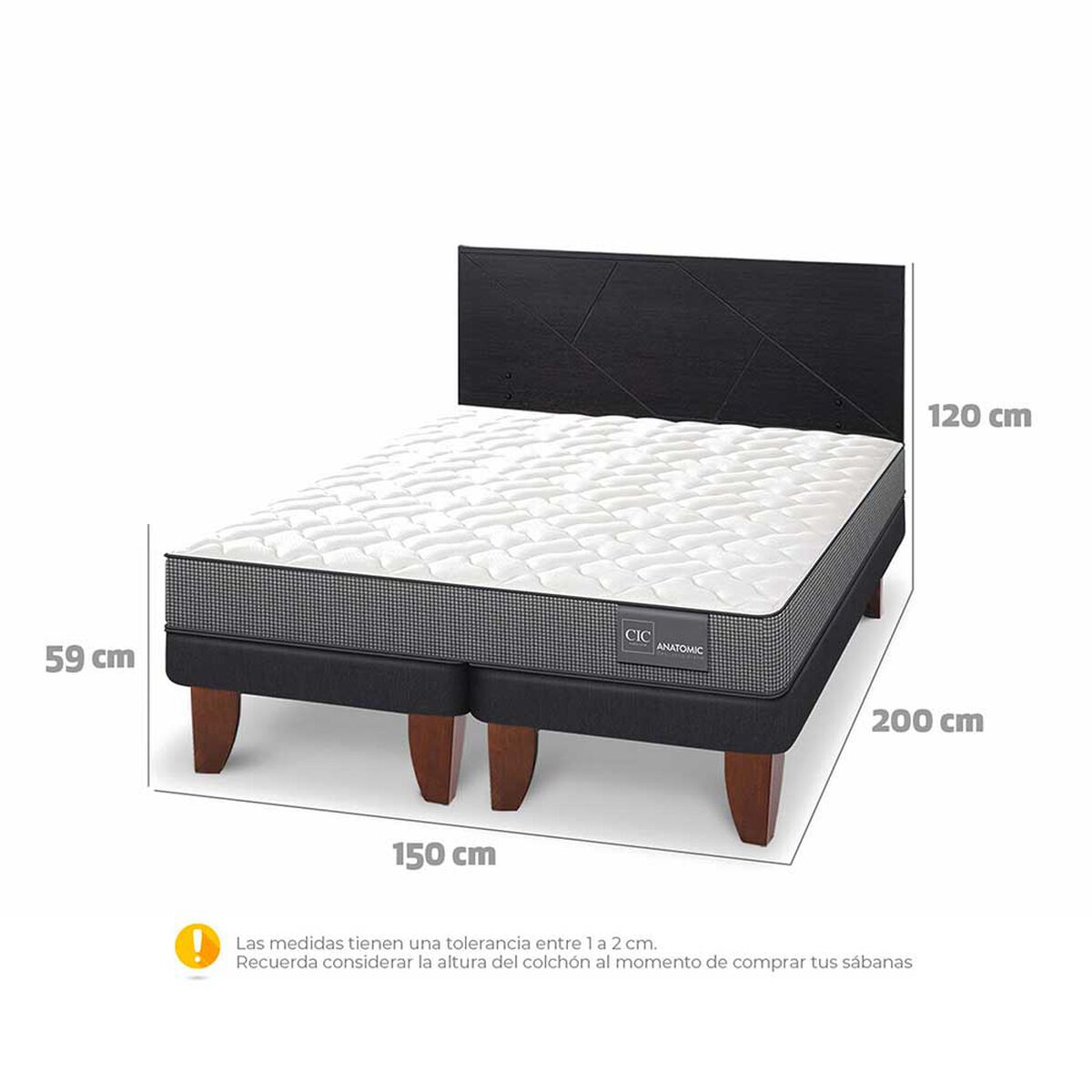 Cama Europea CIC Base Dividida 2 Plazas Anatomic + Respaldo Villarrica Negro