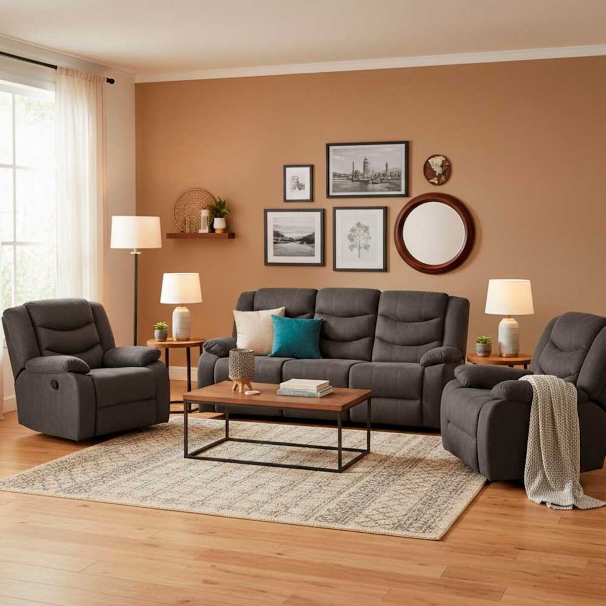Juego de Living Reclinable Daniels Sof&aacute; 3 Cuerpos + 2 Bergers Norman Gris