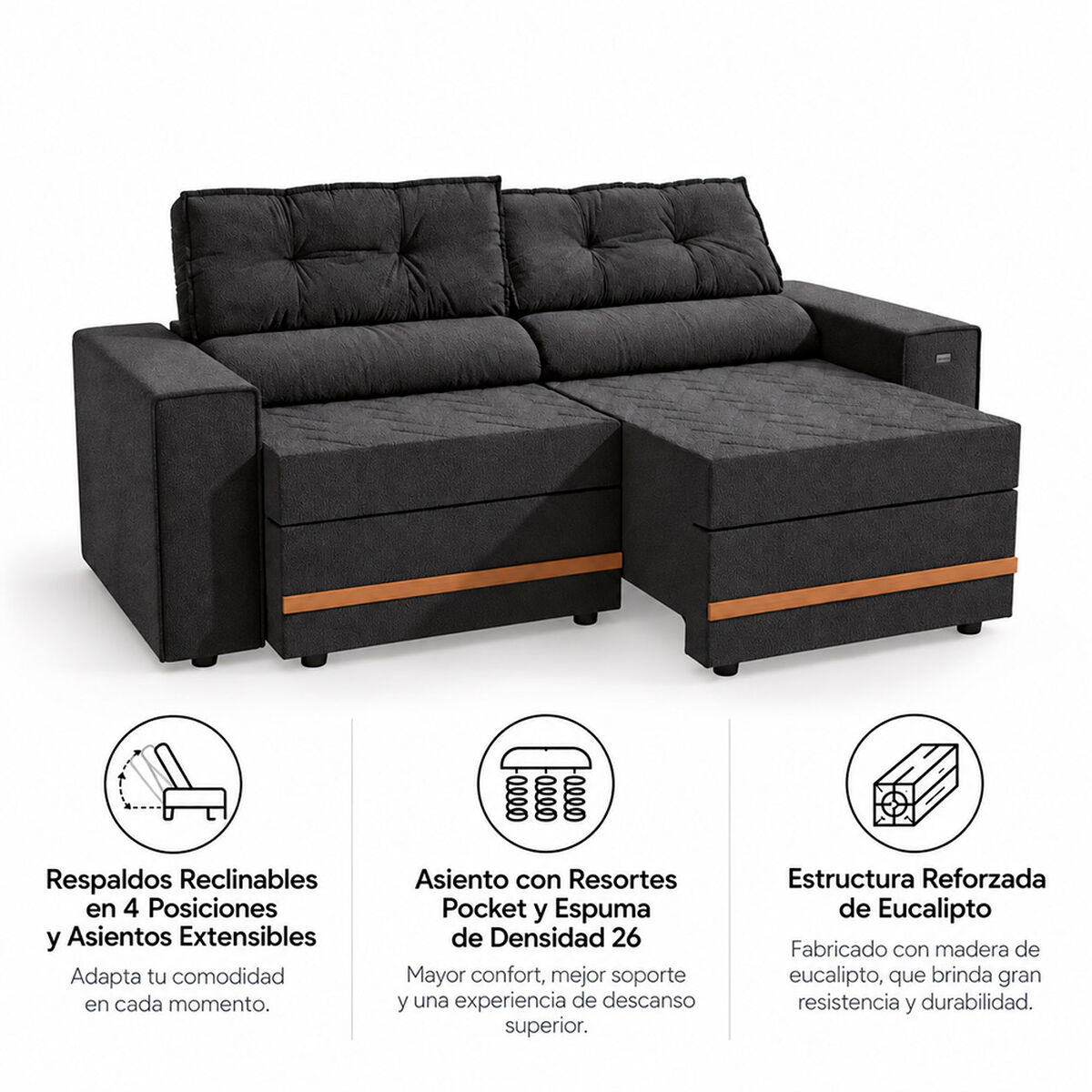 Sof&aacute; Reclinable Roca Havanna 2 Cuerpos Gris