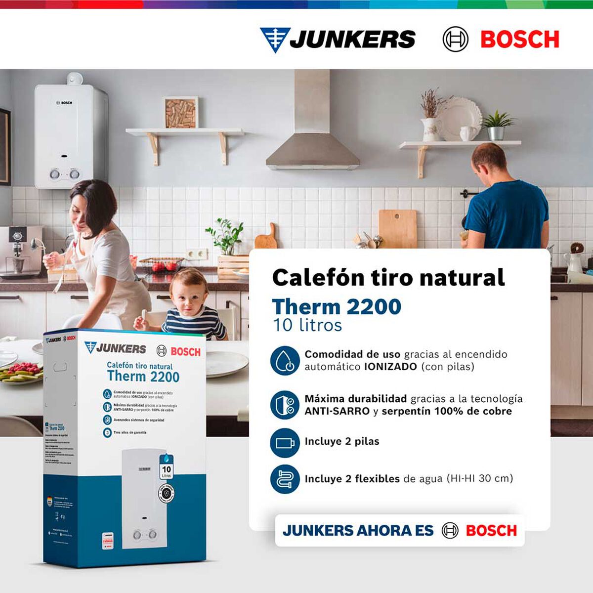 Calef&oacute;n 10 litros gas licuado tiro natural Junkers Bosch Therm 2200