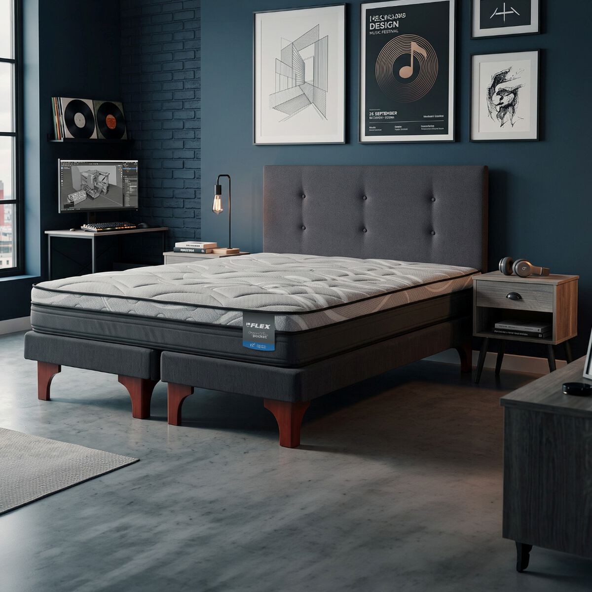 Cama Europea Flex 2 Plazas Dream Pocket Box B/D + Respaldo Royal Grafito + Velador Rock