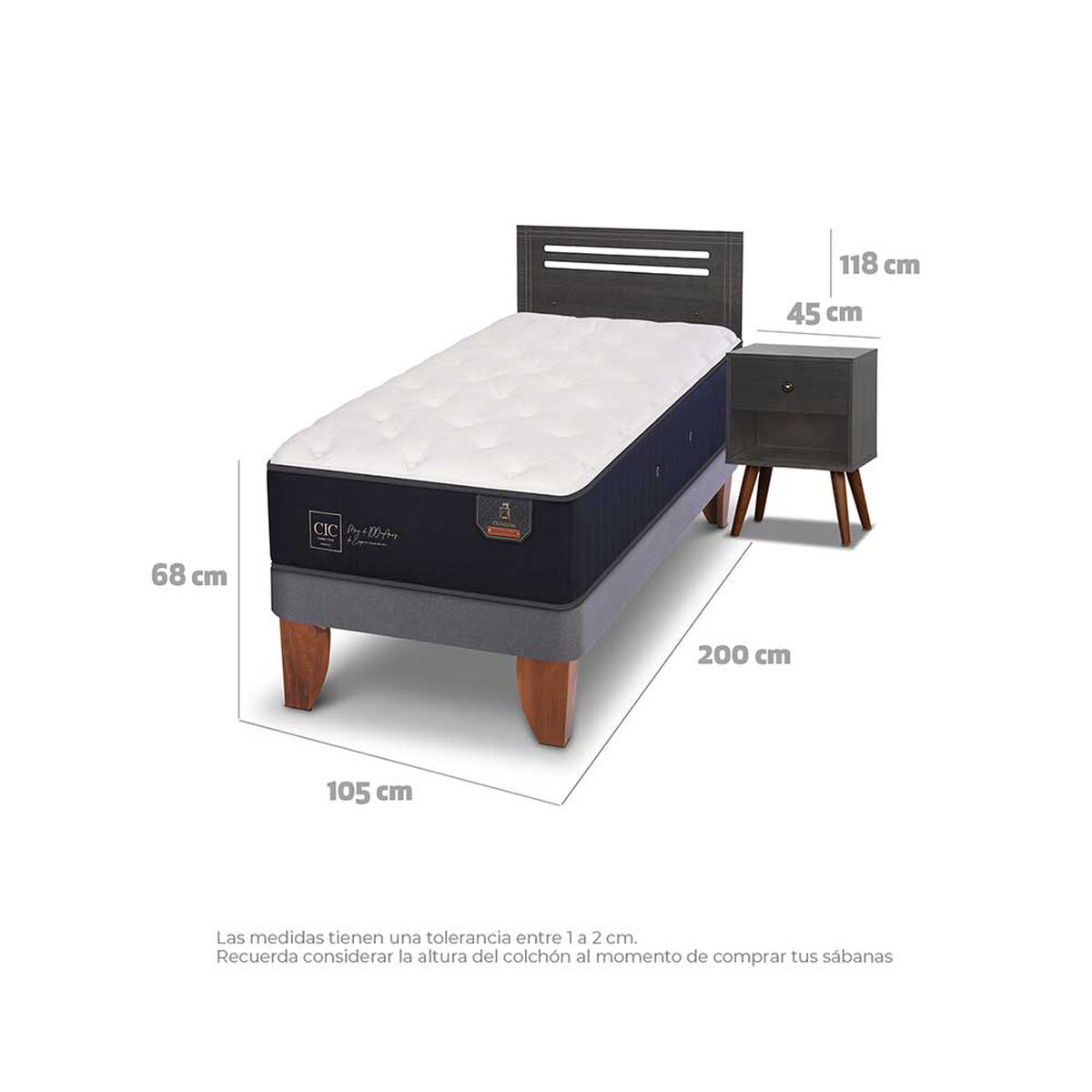 Cama Europea CIC 1,5 Plazas Premium + Respaldo + Velador Munich