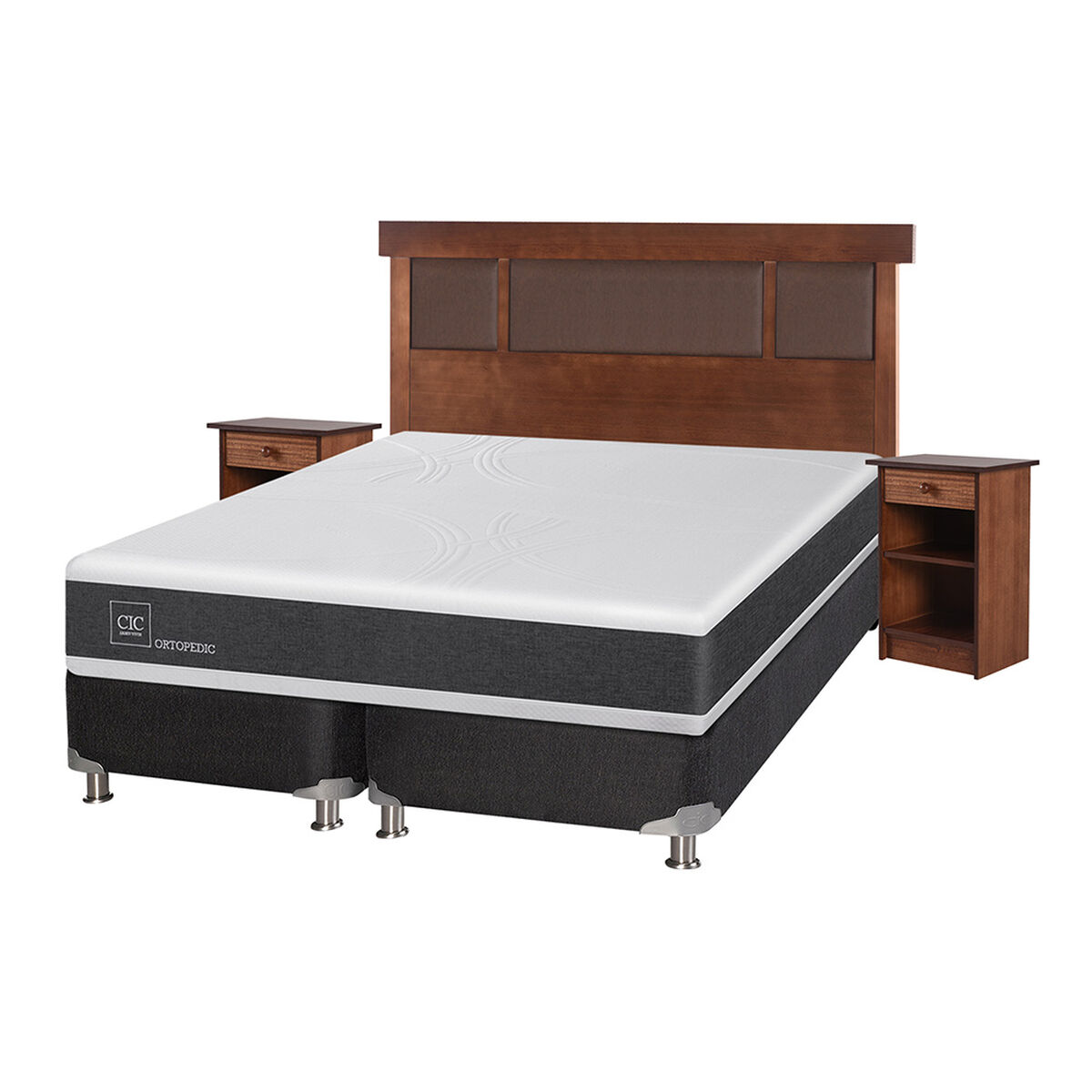 Box Spring CIC Base Dividida 2 Plazas New Ortopedic + Respaldo + 2 Veladores New Dublin
