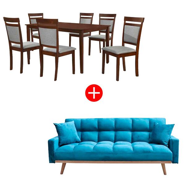 Combo Juego de Comedor Casanova Milan 6 Sillas Café + Sofá Cama Casanova Batik 3 Cuerpos Azul