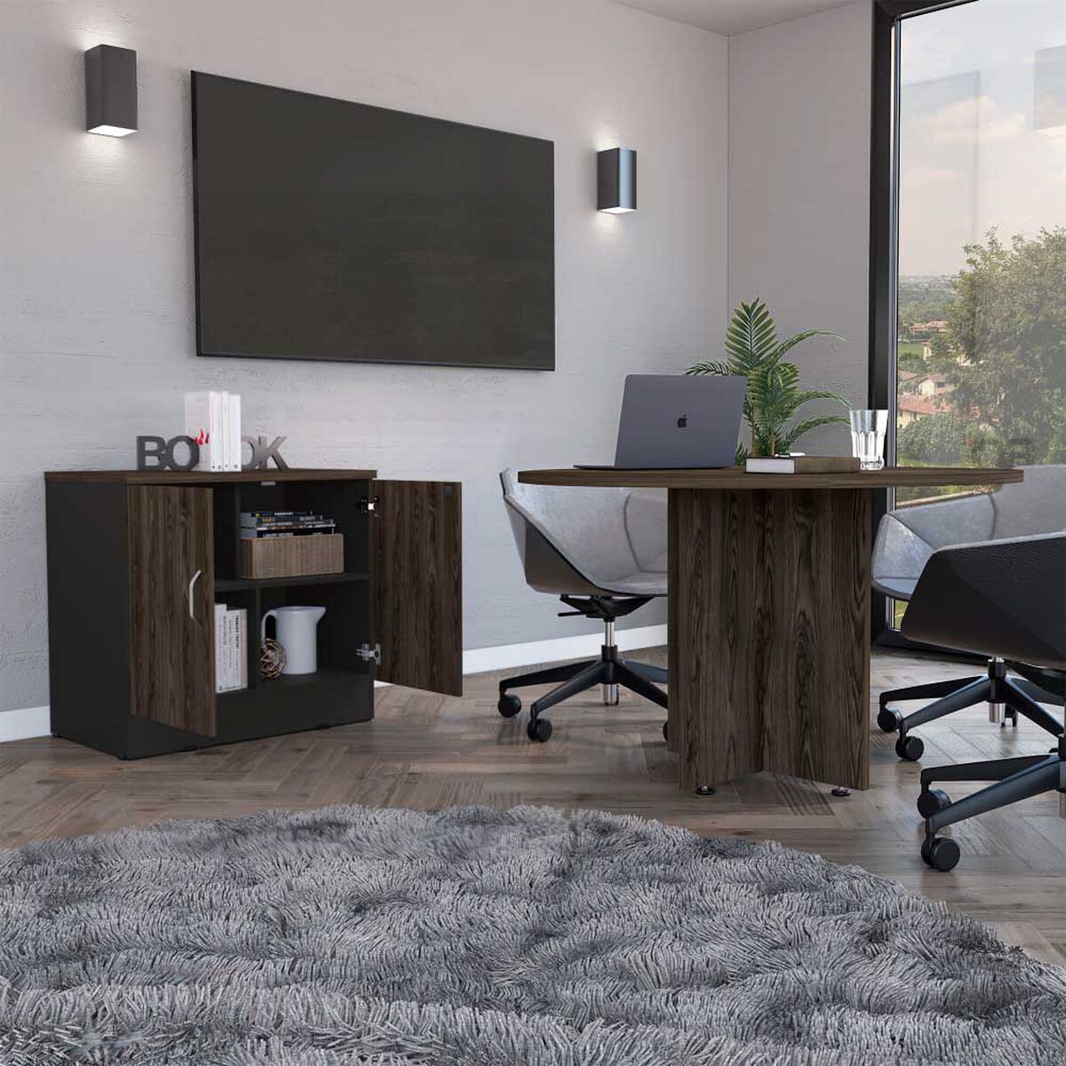 Combo Mesa Redonda + Cajonera 2 Puertas TuHome Home Office Negro Soft-Coñac