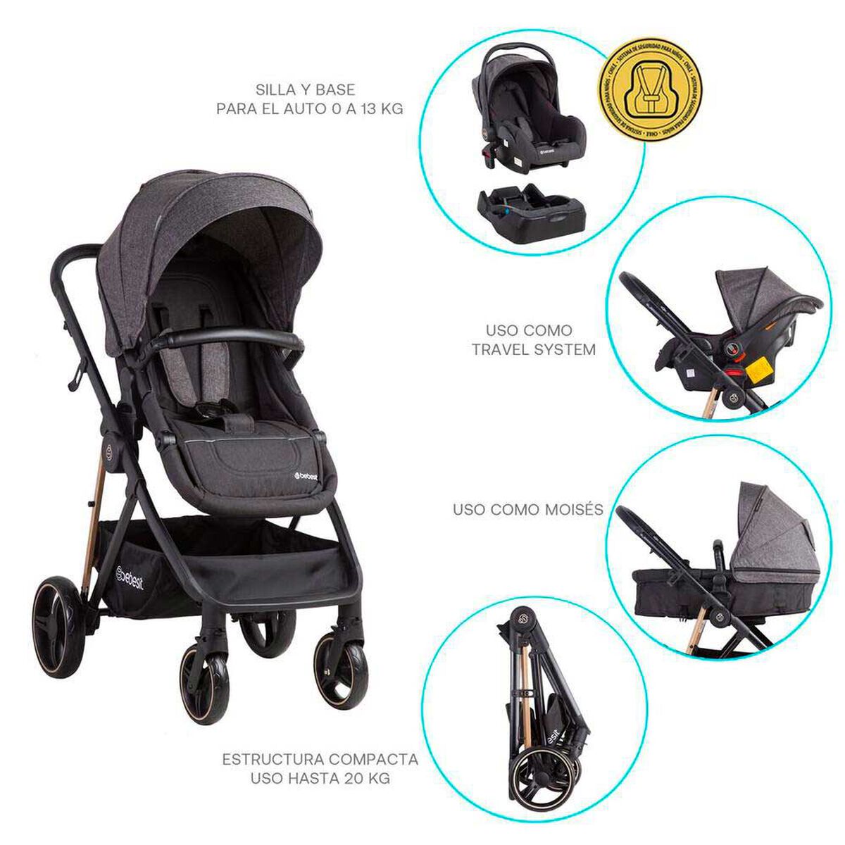 Coche Cuna Travel System Bebe Cosmos con Base Negro Bebesit