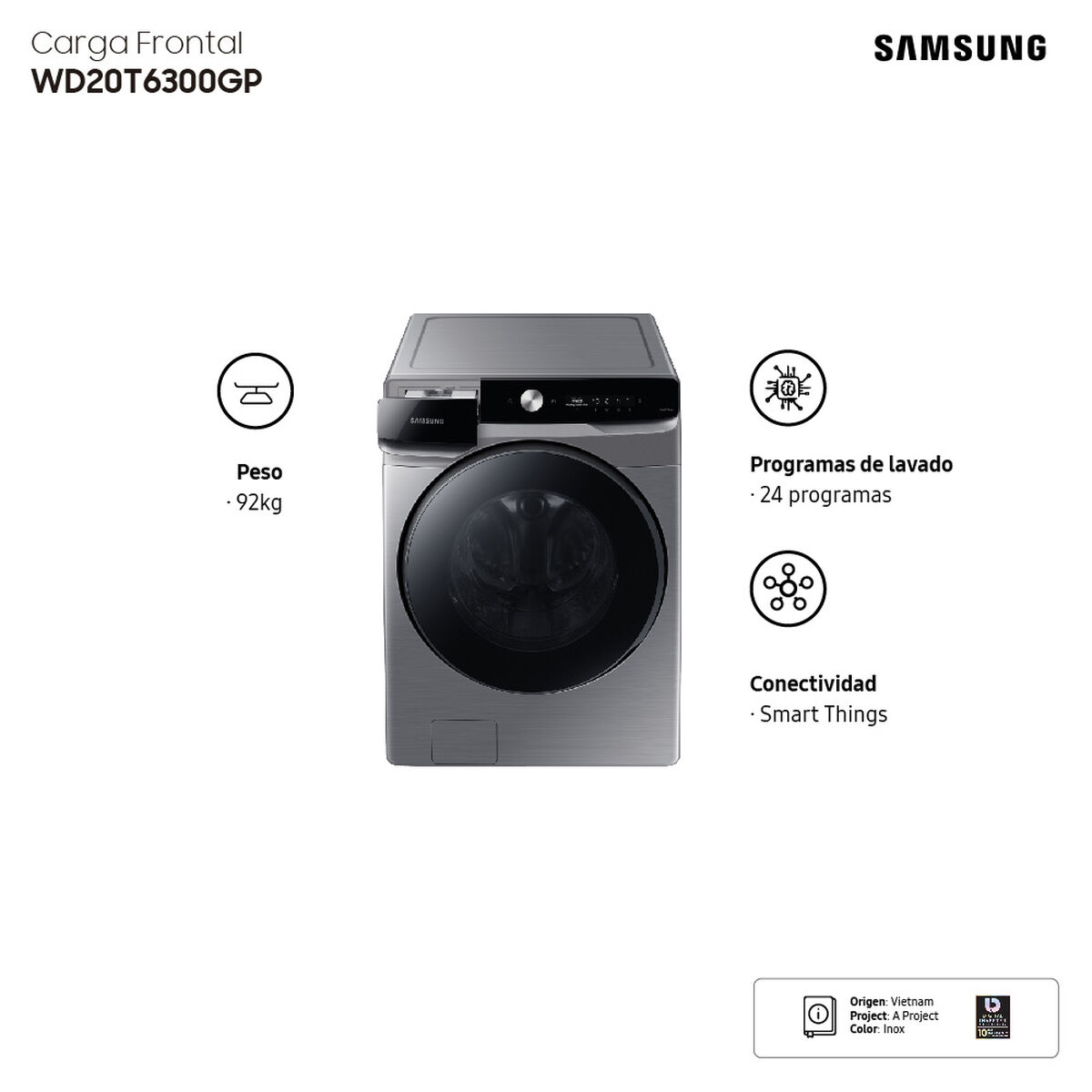 Lavadora Secadora Samsung WD20T6300GP/ZS 20/12 Kg.