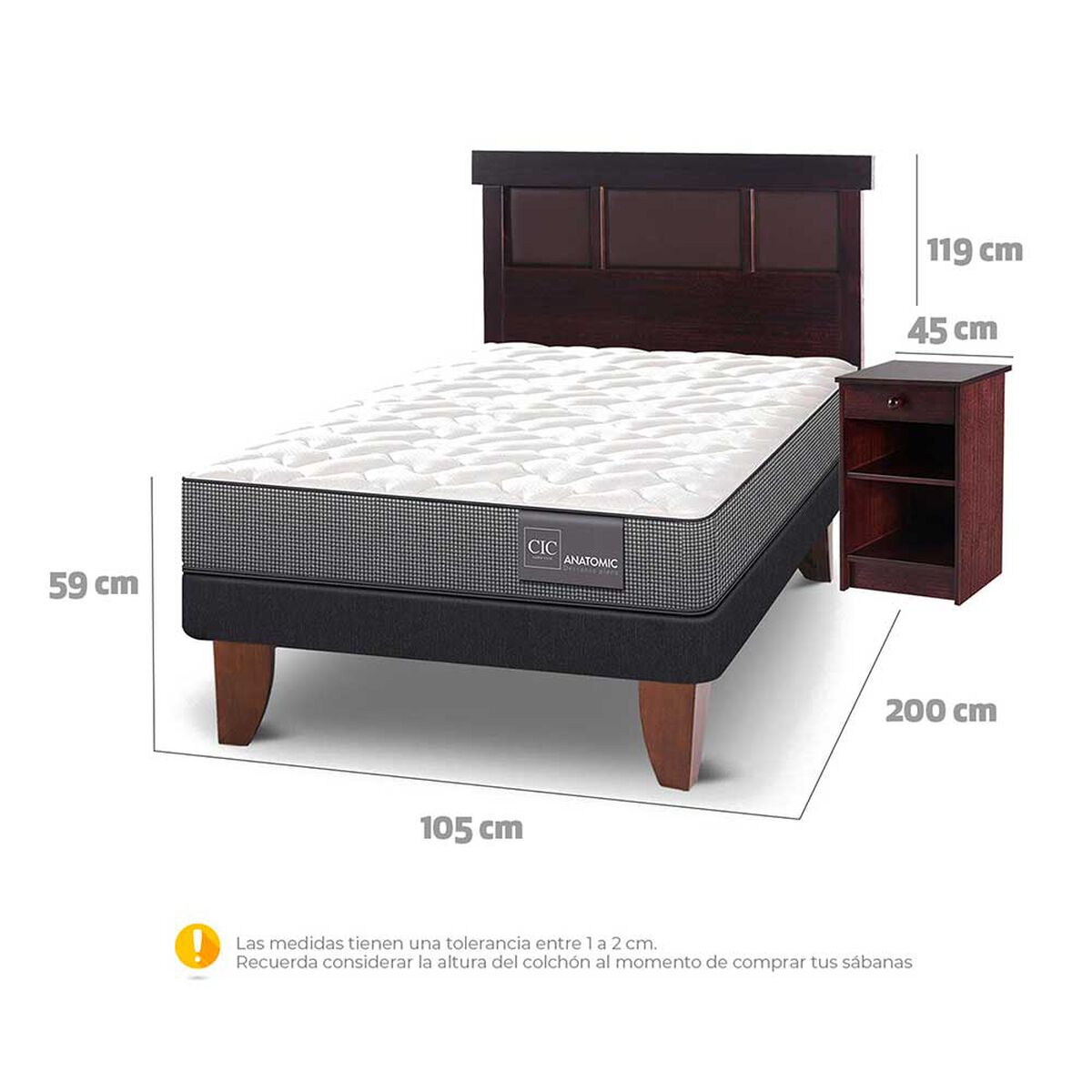 Cama Europea CIC 1,5 Plazas Anatomic + Respaldo + Velador New Dublin Chocolate