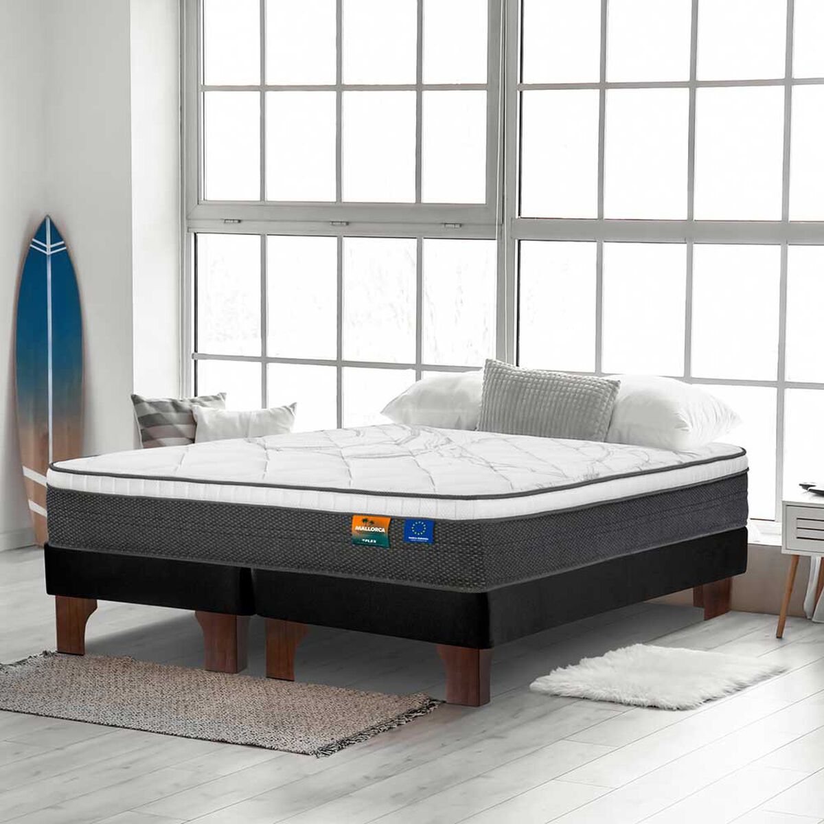 Cama Europea Flex Base Dividida 2 Plazas Mallorca + Respaldo Design Grafito