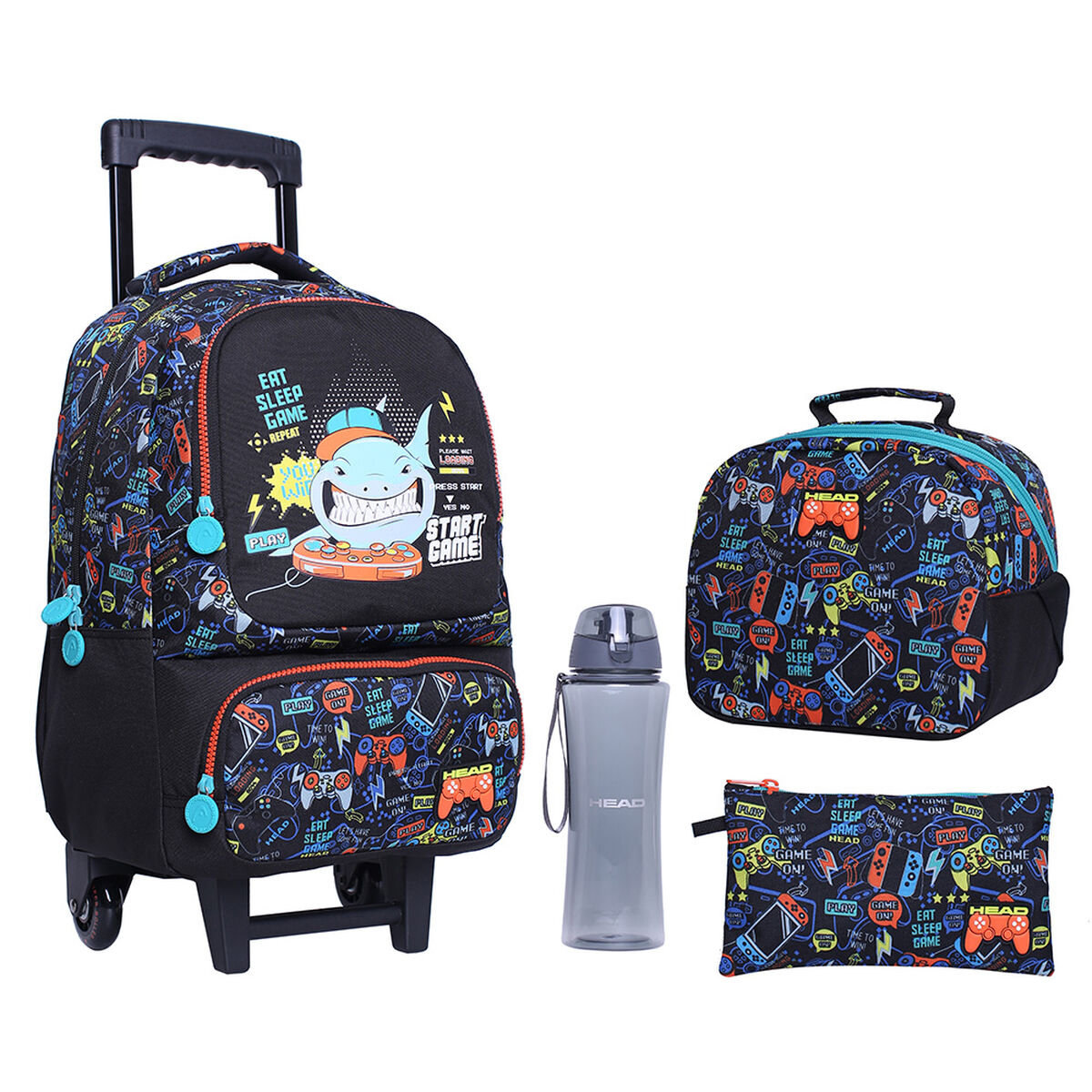 Pack Mochila con Ruedas + Lonchera + Estuche + Botella Bakan Head