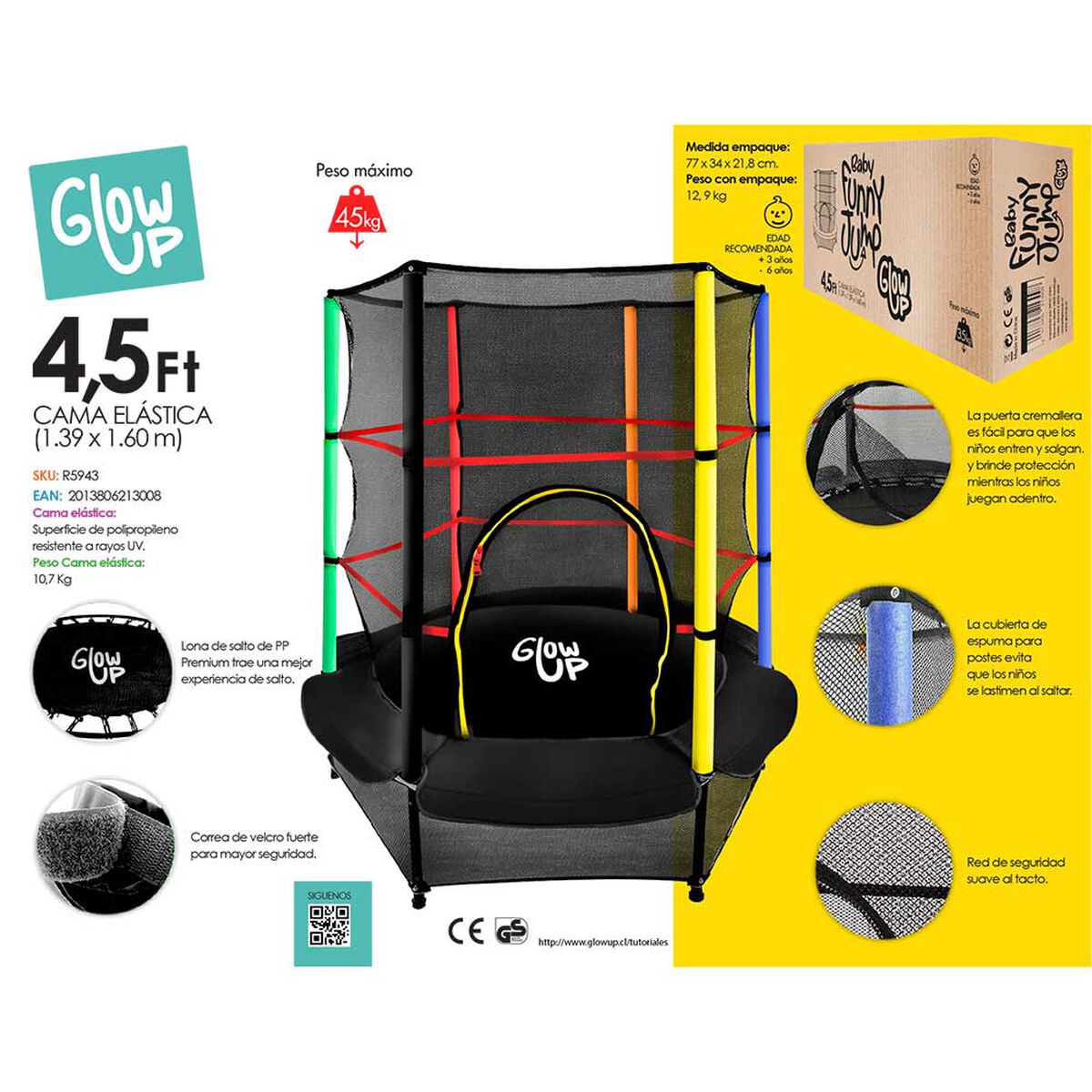 Cama Elástica Glow Up 4.5ft 1,39x 1,60 Mts + Malla de Protección