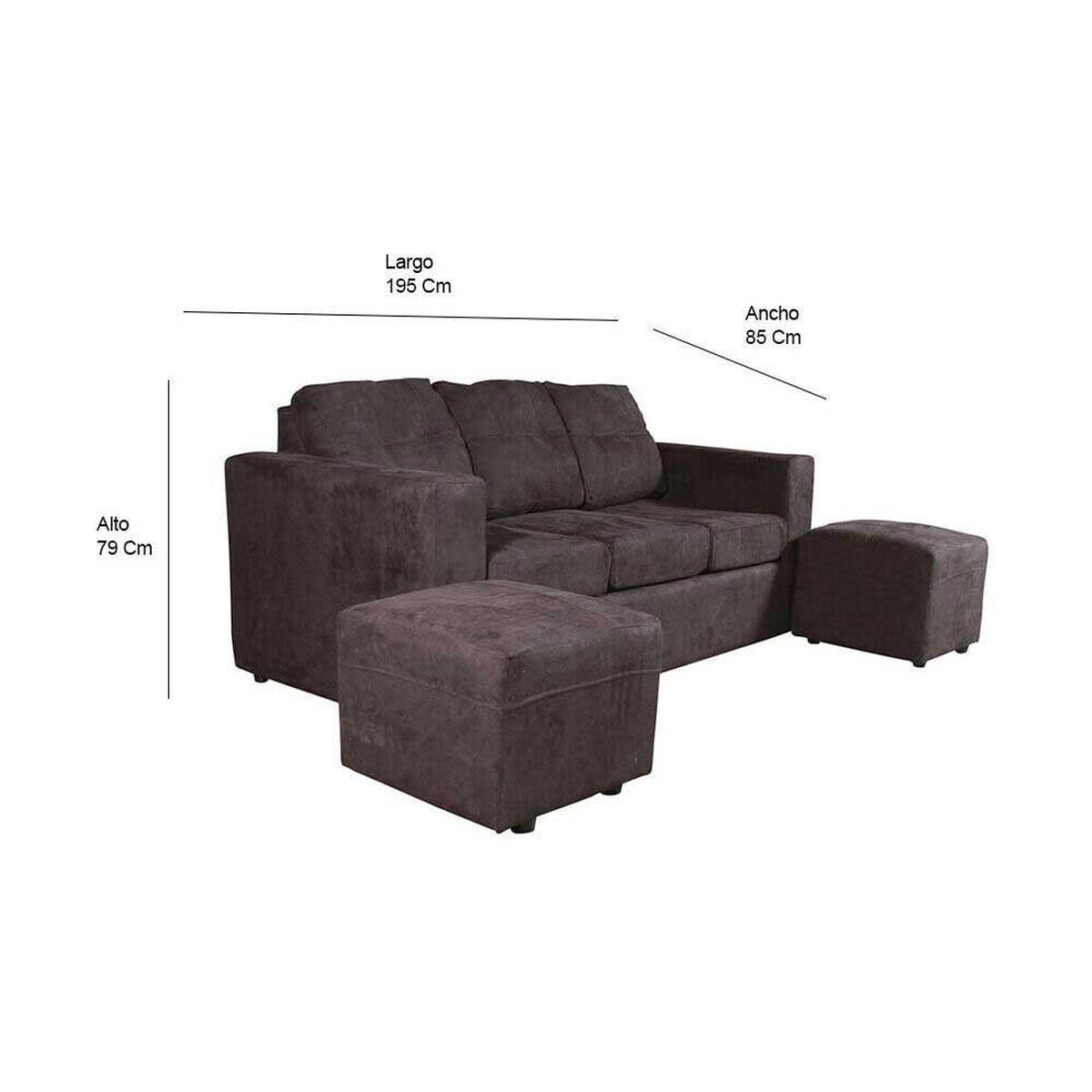 Juego de Living Kea Nize Sofá 3 Cuerpos + Dos Pouf Felpa Negro