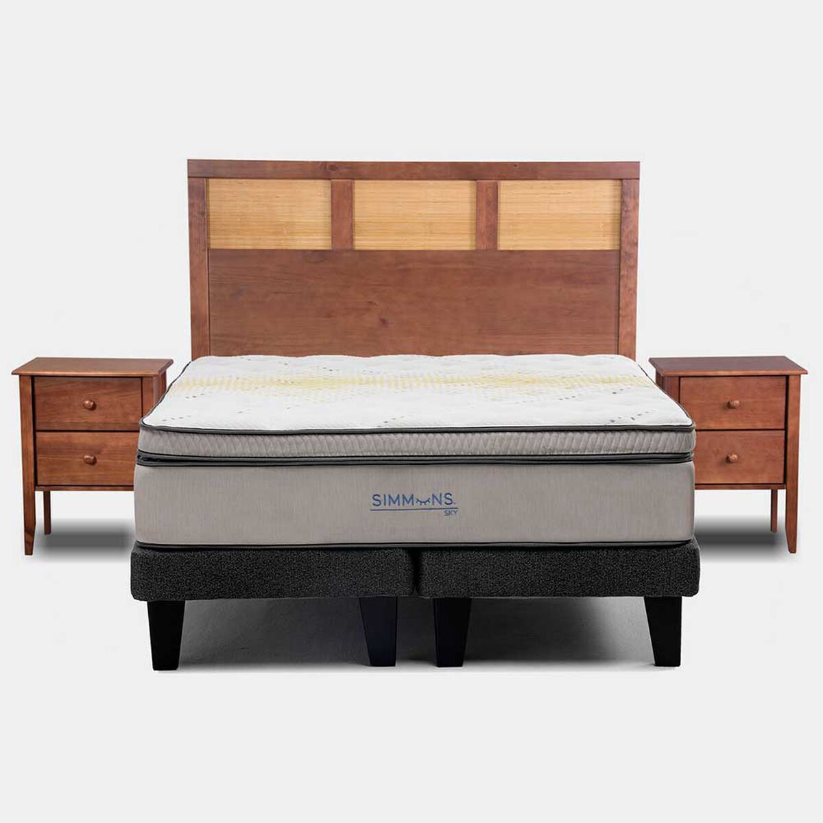 Cama Europea Simmons 2 Plazas Sky + Respaldo + 2 Veladores