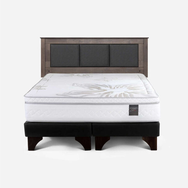 Cama Europea Rosen King Art 4 + Respaldo + Velador Rachel Gris