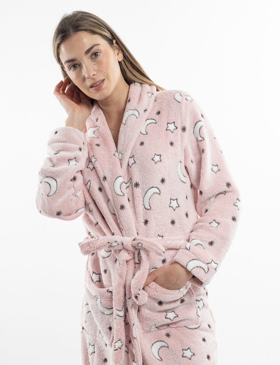 Bata Coral Fleece Lunas Mujer Icono