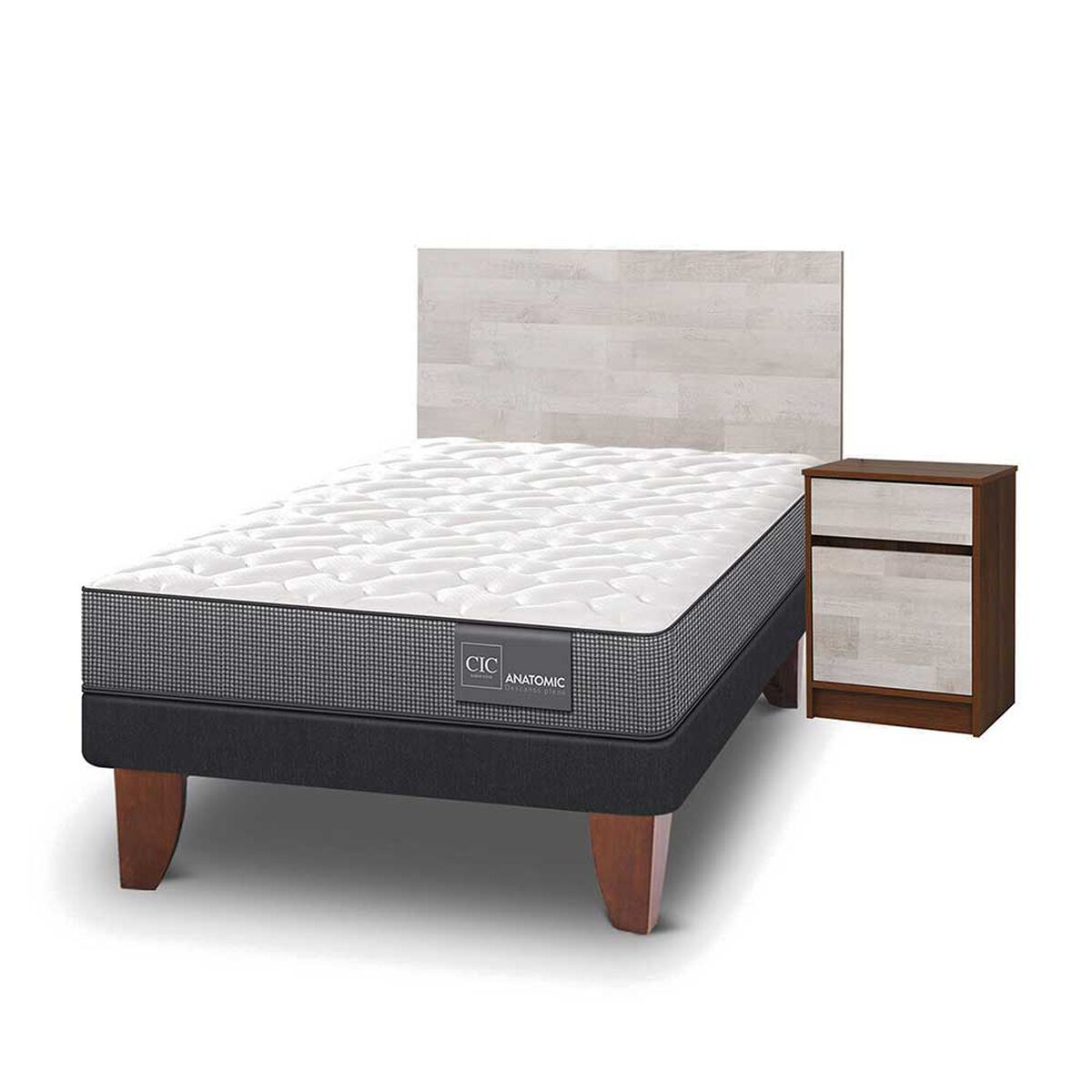 Cama Europea CIC 1,5 Plazas Anatomic + Respaldo + Velador Legno
