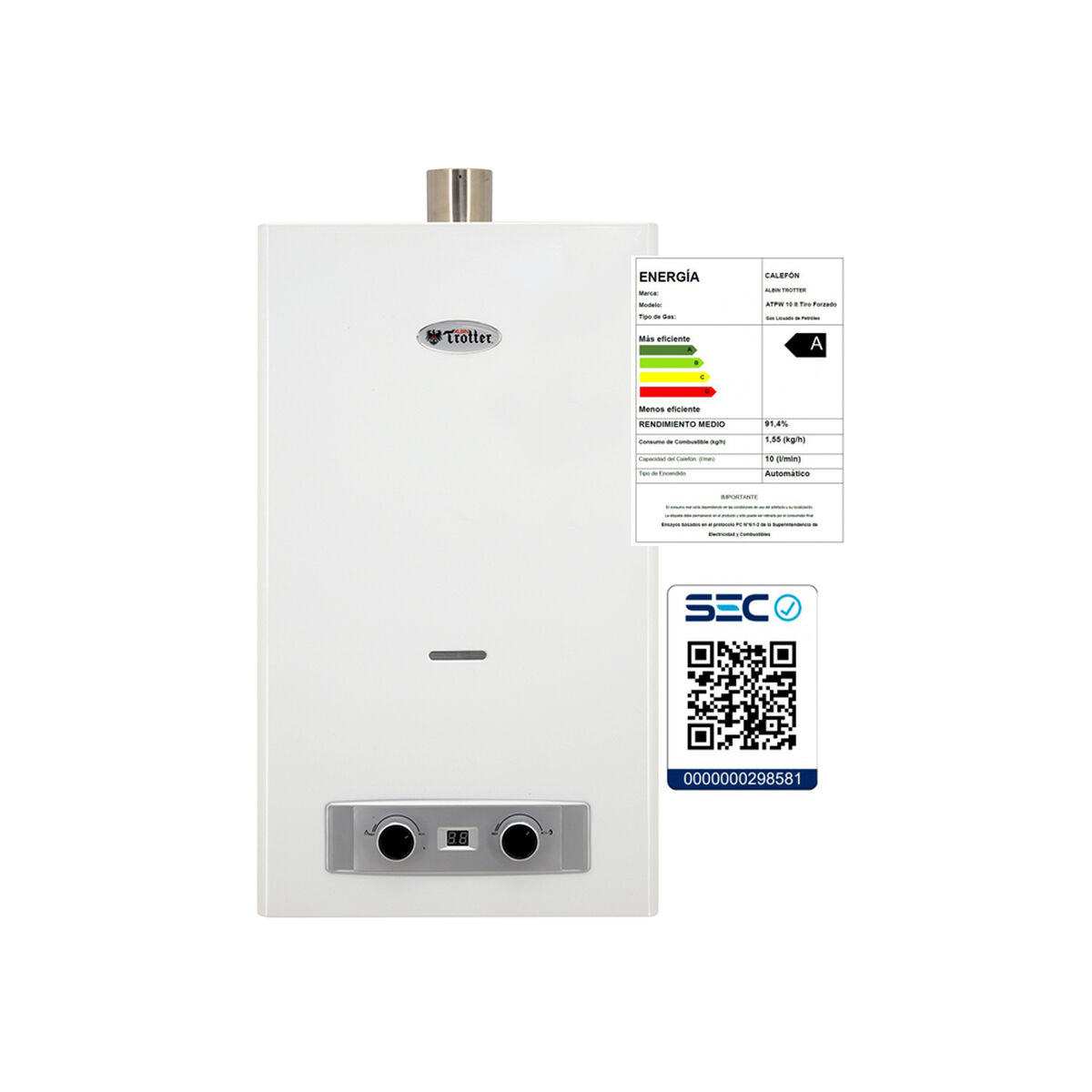 Calefont Albin Trotter ATPW Tiro Forzado Gas Licuado 10 lt.