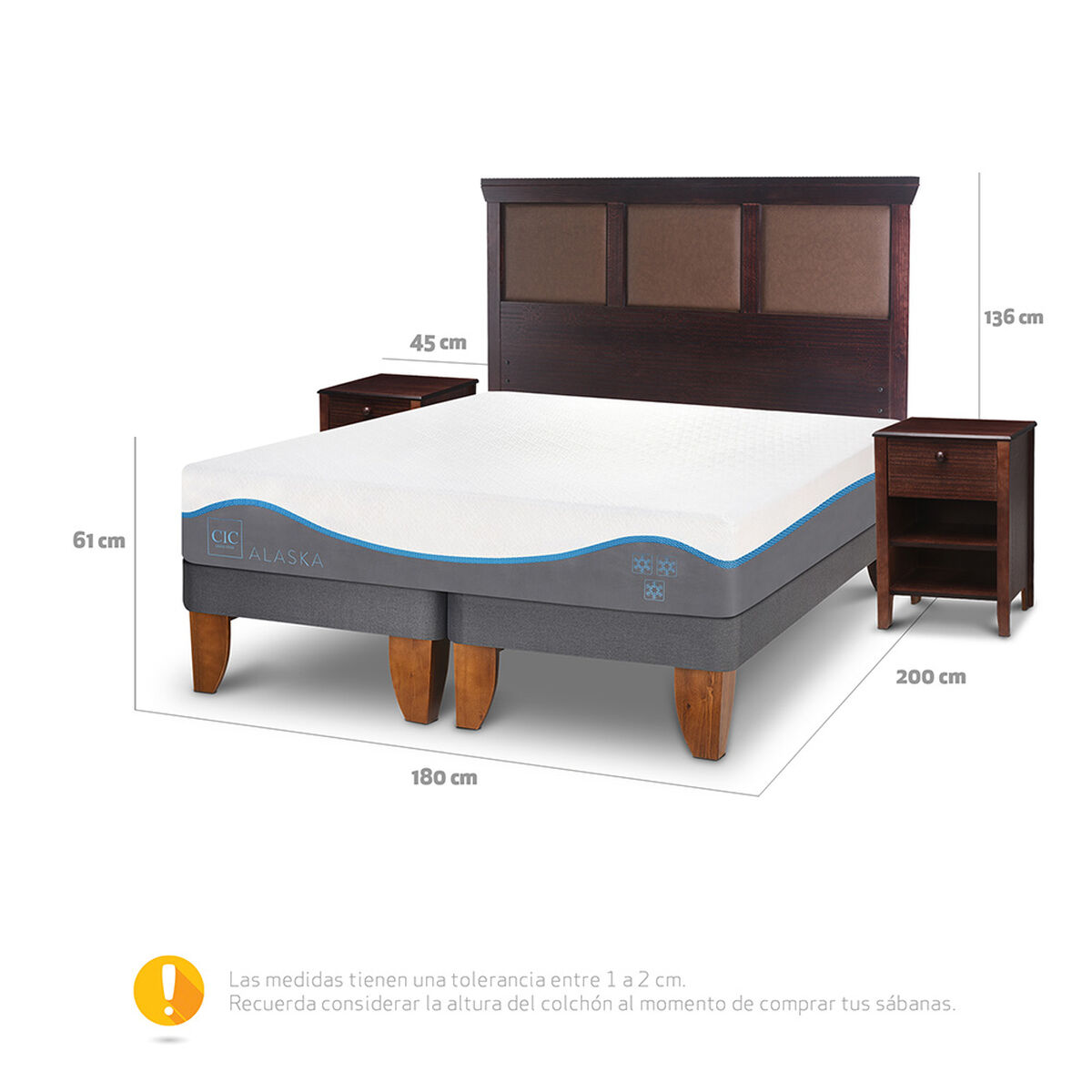 Cama Europea CIC Base Dividida King Alaska + Respaldo + 2 Veladores