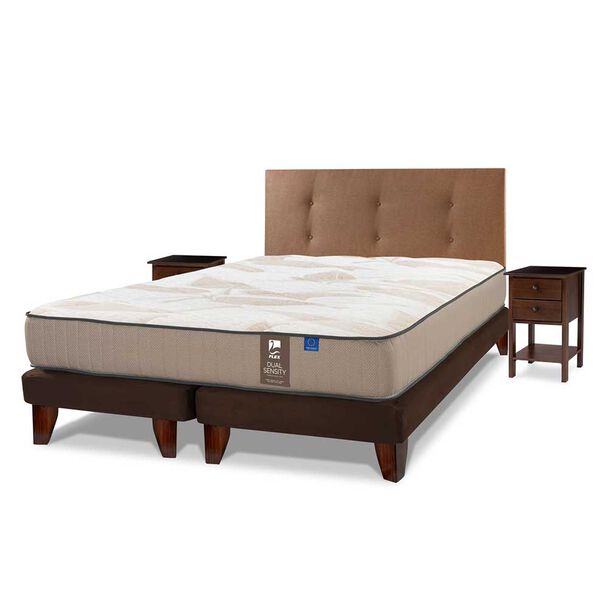 Cama Europea Flex 2 Plazas Dual Sensity + Respaldo Royal Café + 2 Veladores Rover