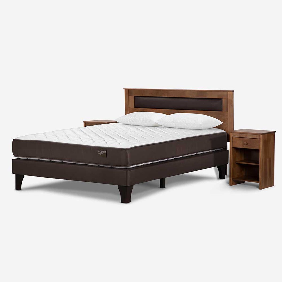 Cama Europea Rosen 2 Plazas Ergo T+ Respaldo +2 Veladores Ferrera + 2 Almohadas Light
